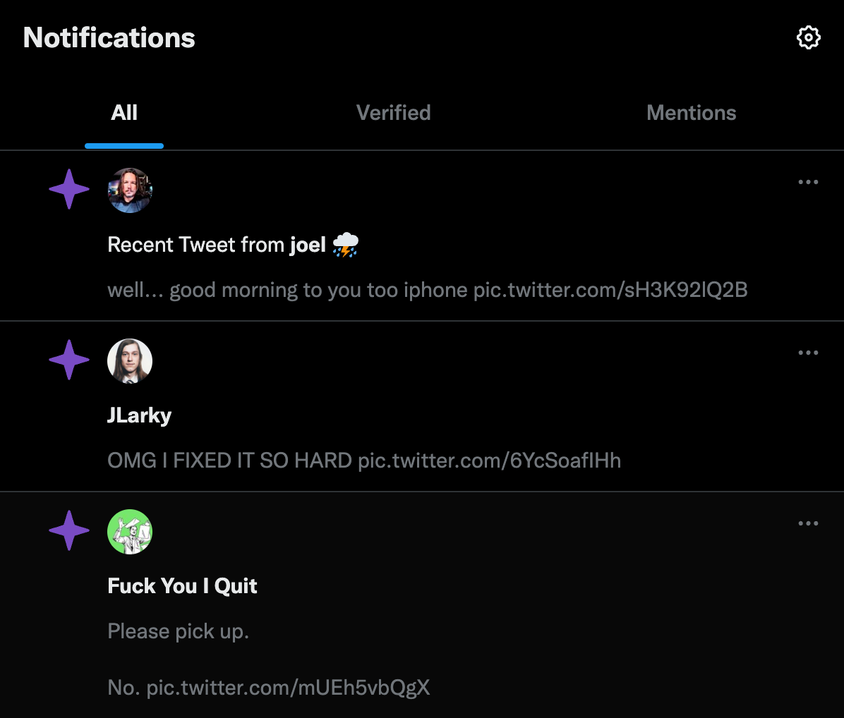 A screenshot of the twitter notifications tab. Three notifications are visible. They are just random posts from people I follow.