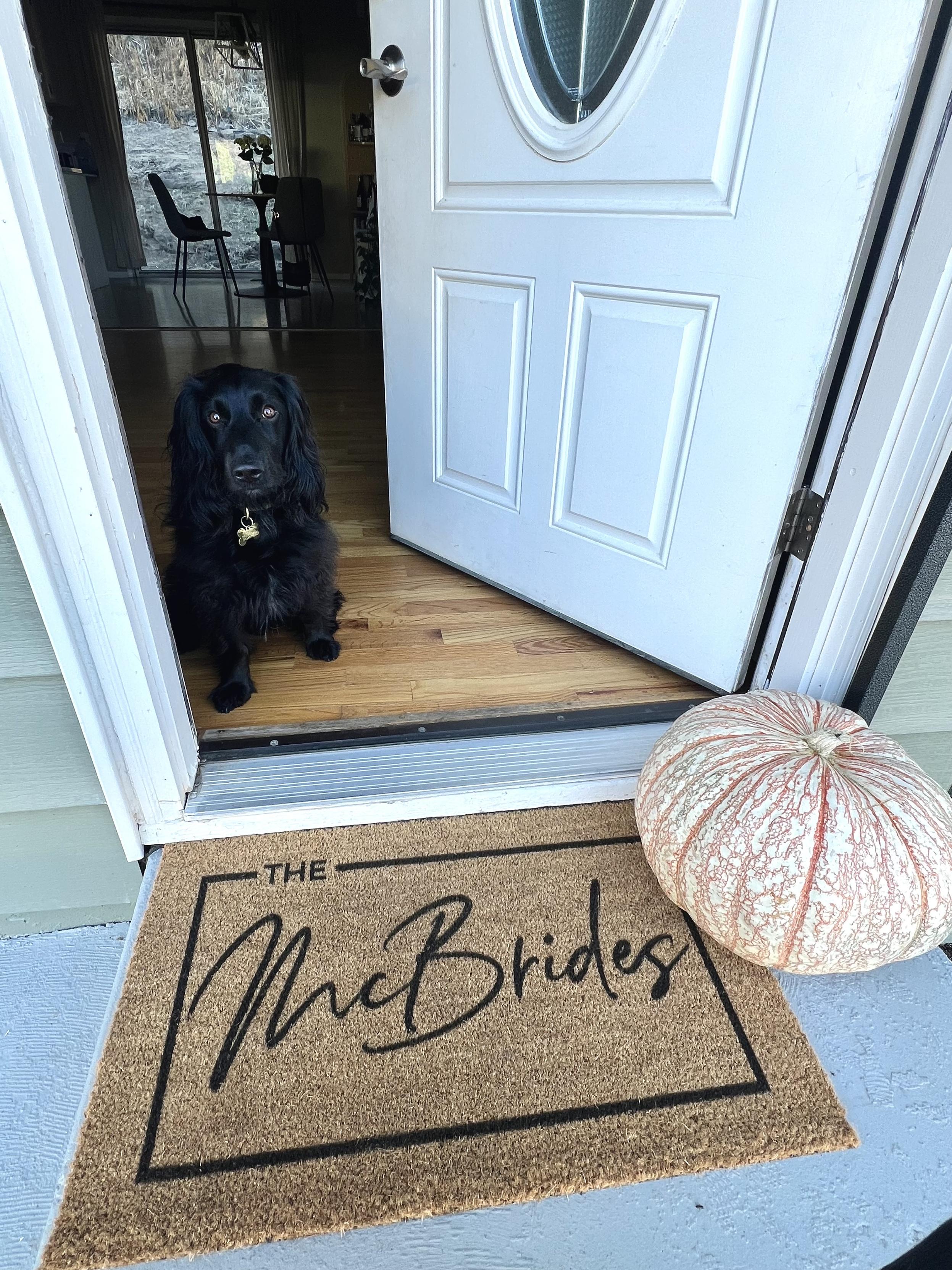 A door mate with The McBrides written on it. A pumpkin sits to the right and behind it is our little black cocker spaniel, Guinness. 