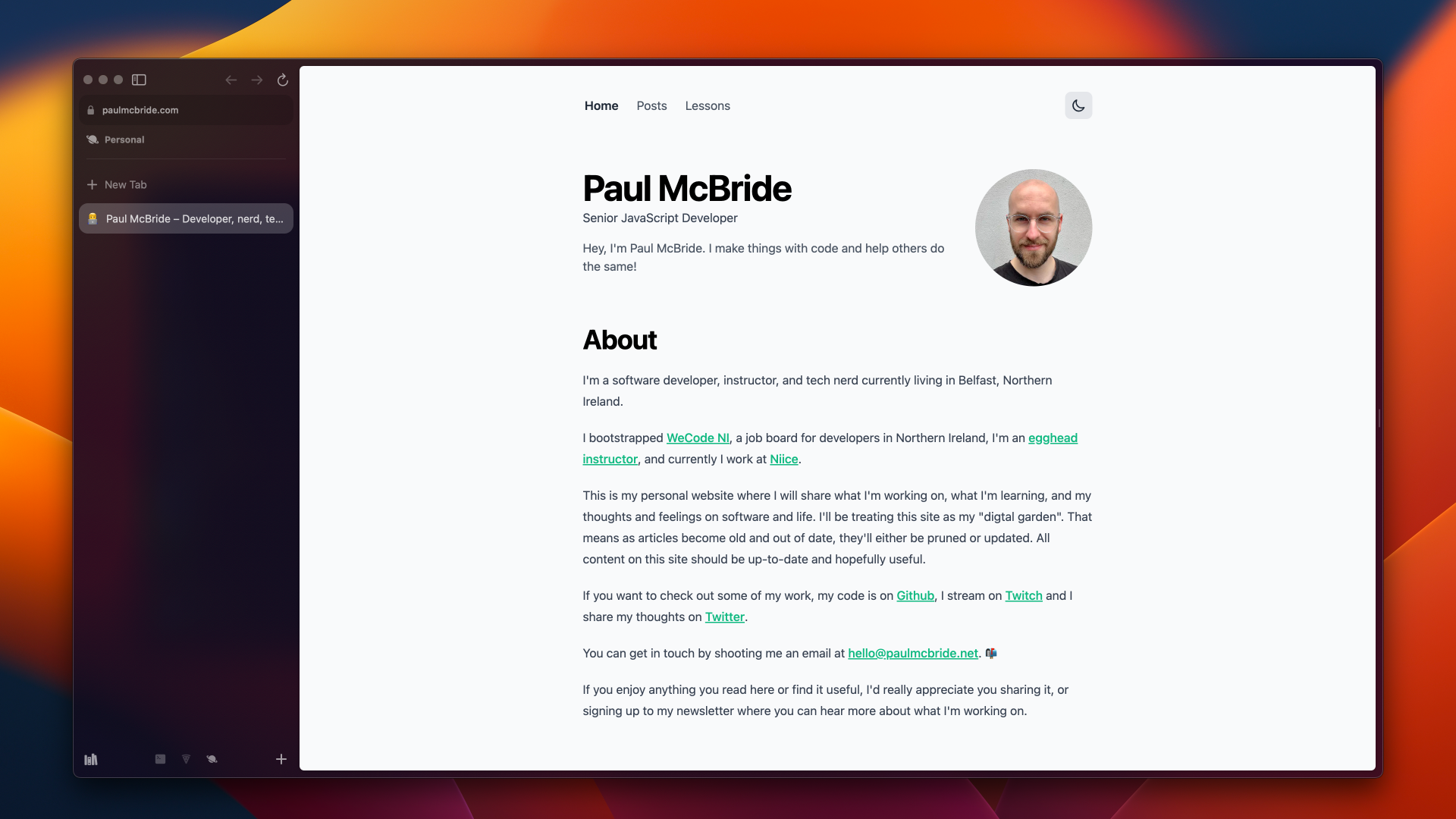 A screenshot of my desktop. The only application open is my browser arc. One tab is open on https://paulmcbride.com, my personal website.